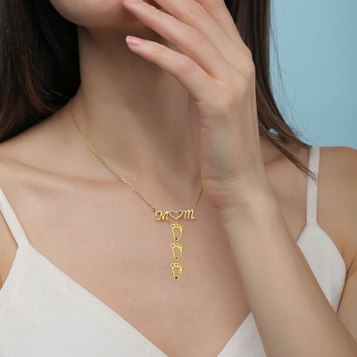 Collar personalizado con nombre de colgantes con forma de pies de bebé huecos de 1-8 con piedras de nacimiento, regalo para mamá
