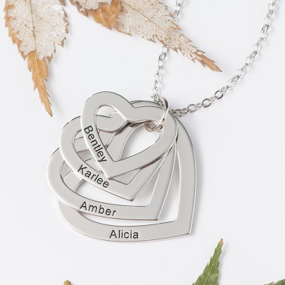 Collar familiar en forma de corazón grabado personalizado de plata 1-4 Collar con nombre grabado