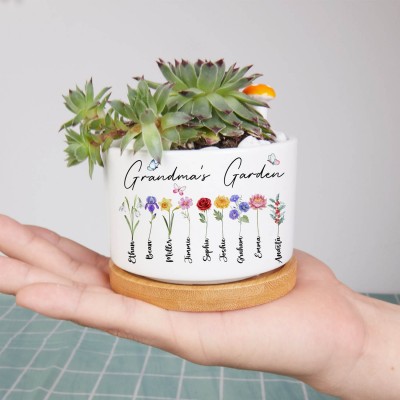 Maceta de flores de nacimiento de jardín de la abuela personalizada para mamá, abuela