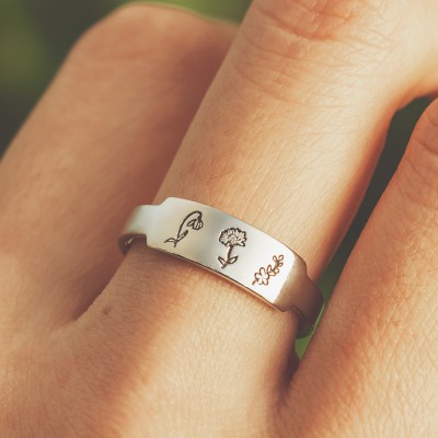 Anillo de flor de nacimiento familiar personalizado hecho a mano de plata 925
