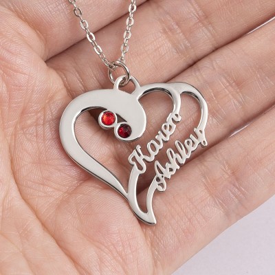 Collar de dos corazones con nombre para siempre y plata de ley con piedra de nacimiento