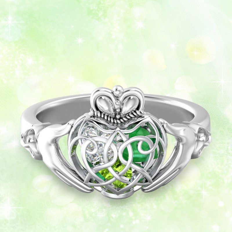 Personalized Caged Hearts Celtic Claddagh Ring with 1 6
